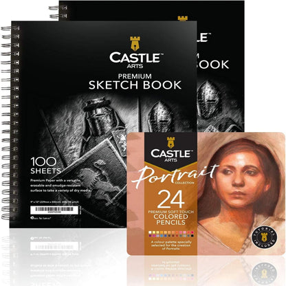 24 Piece Portrait Coloured Pencils Set & 2 Sketchbooks Artist Bundle